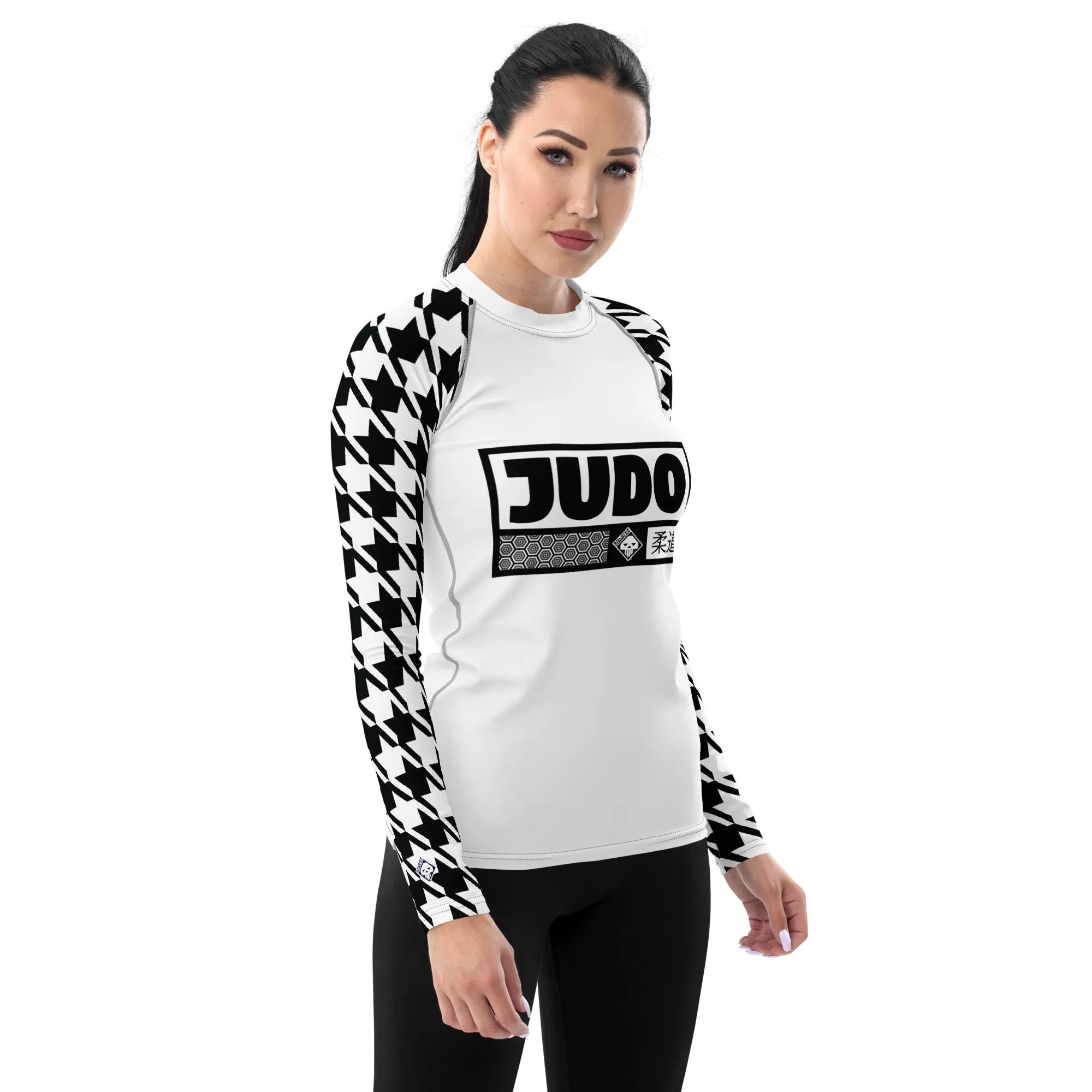 Elegant Performance: Women's Judo Houndstooth BJJ Rash Guard Blanc