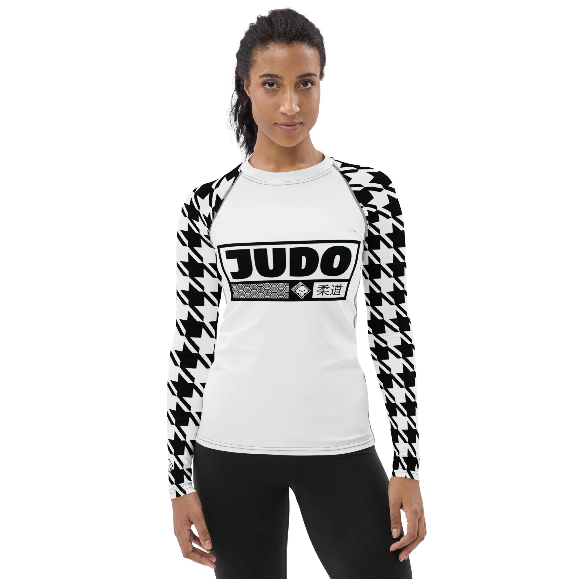 Elegant Performance: Women's Judo Houndstooth BJJ Rash Guard Blanc