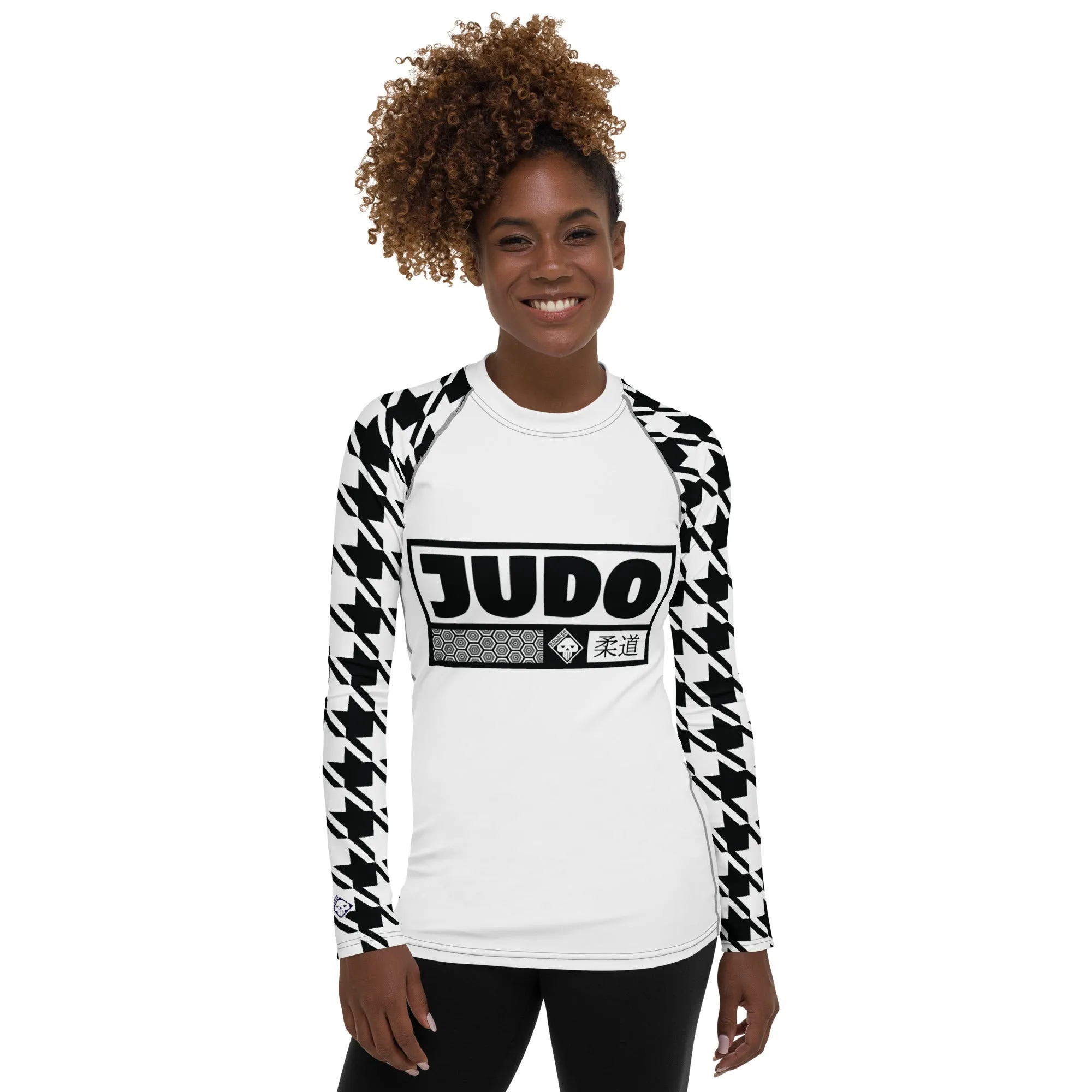 Elegant Performance: Women's Judo Houndstooth BJJ Rash Guard Blanc