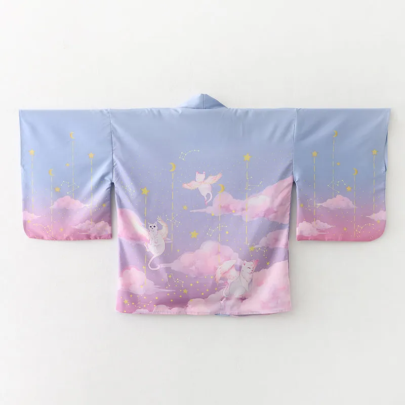 Elegant Sky Clouds Flying Cats Japanese Kimono