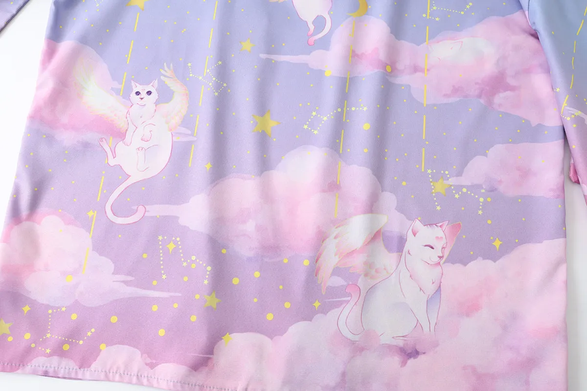 Elegant Sky Clouds Flying Cats Japanese Kimono