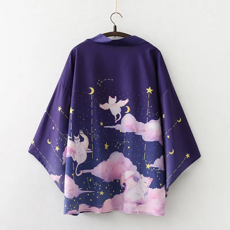 Elegant Sky Clouds Flying Cats Japanese Kimono