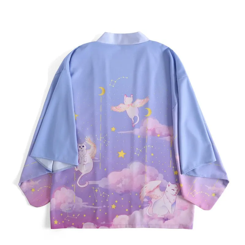 Elegant Sky Clouds Flying Cats Japanese Kimono