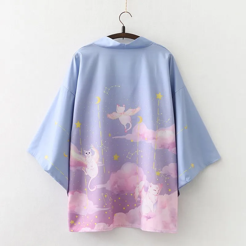 Elegant Sky Clouds Flying Cats Japanese Kimono