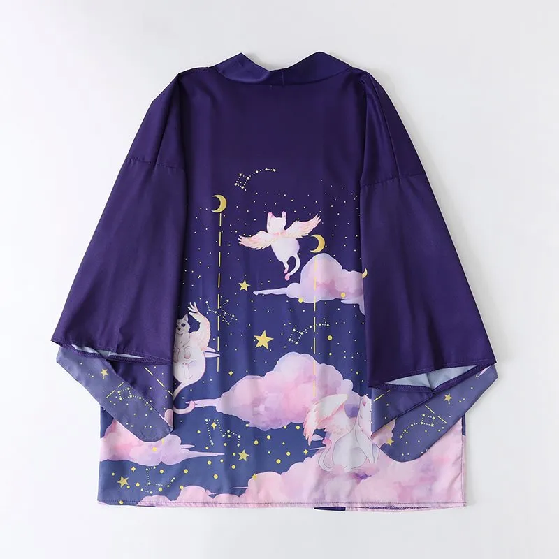 Elegant Sky Clouds Flying Cats Japanese Kimono