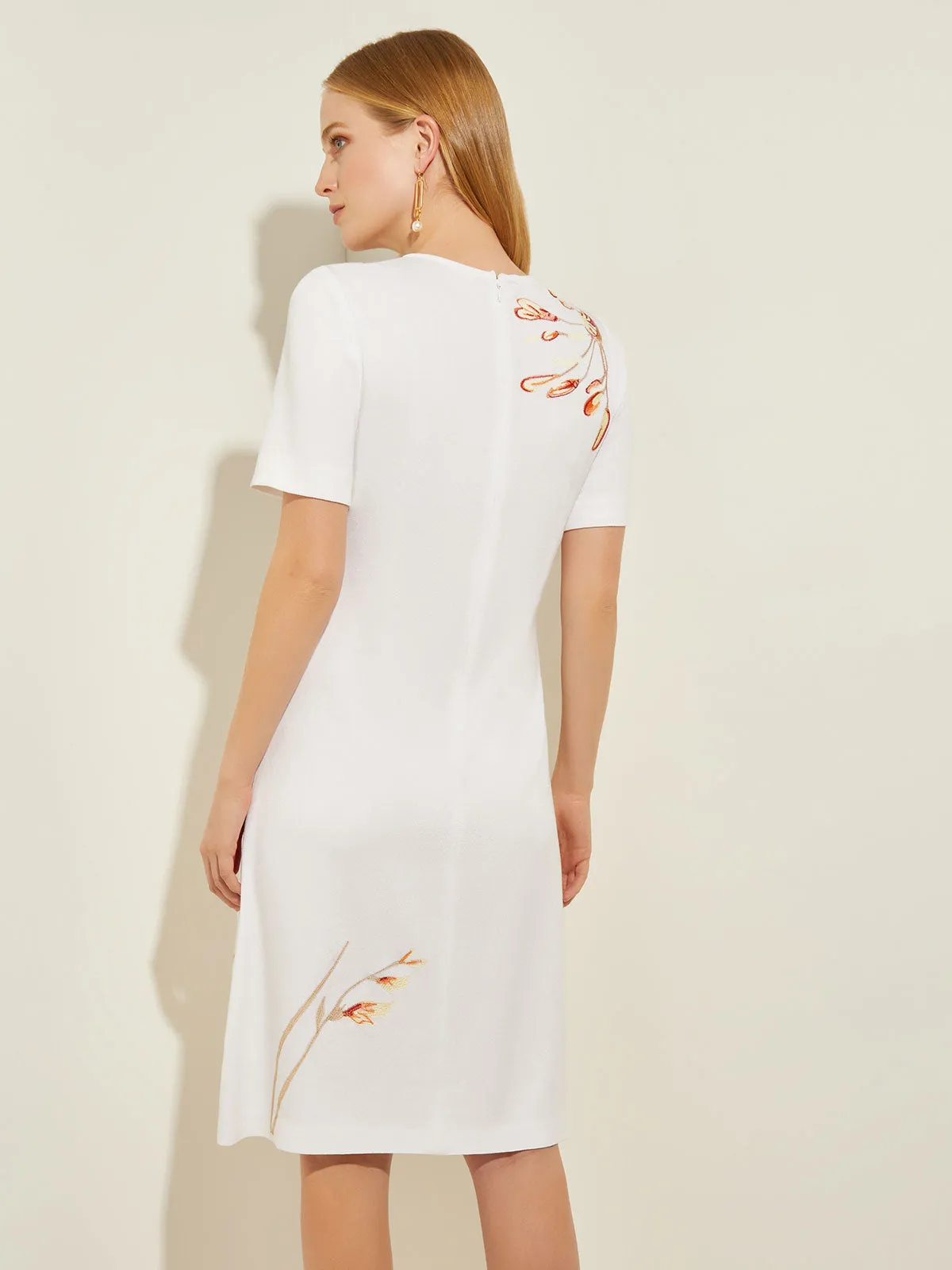 Embroidered Sheer Yoke Soft Knit A-Line Dress