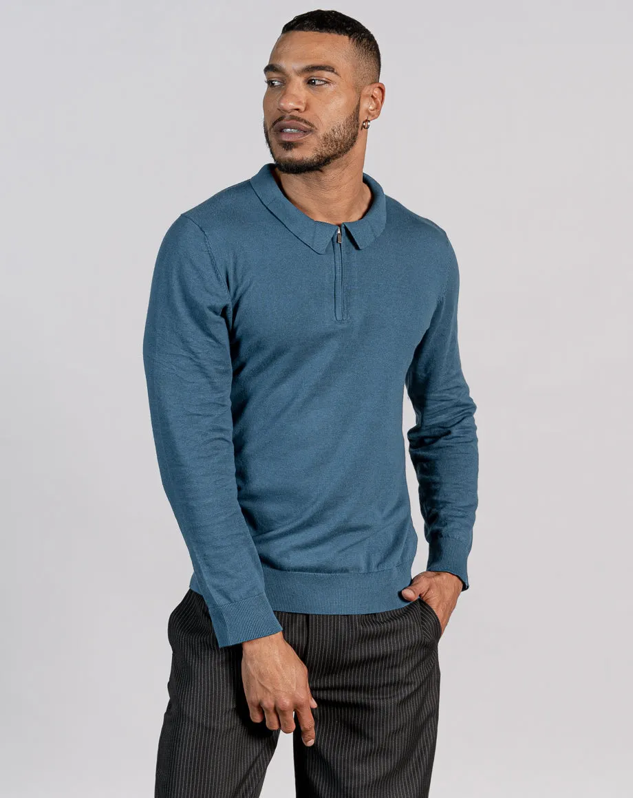 ESSENTIAL LONG SLEEVE ZIPPED POLO TOP - MID BLUE