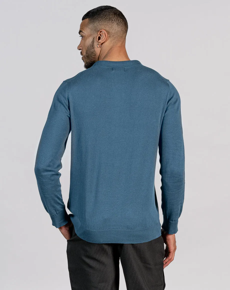 ESSENTIAL LONG SLEEVE ZIPPED POLO TOP - MID BLUE