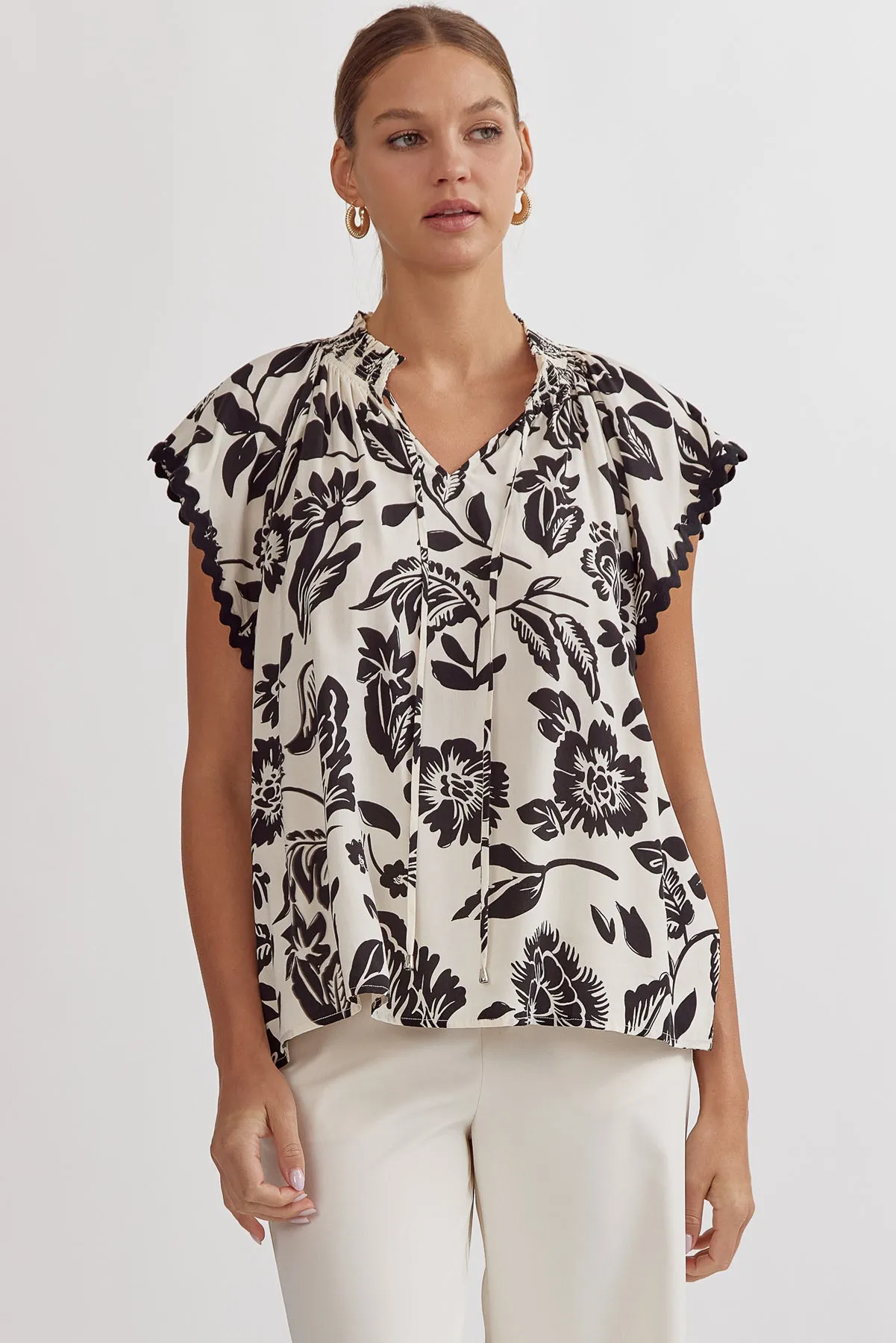 FINAL SALE - Black Printed Rick Rack Detail Top