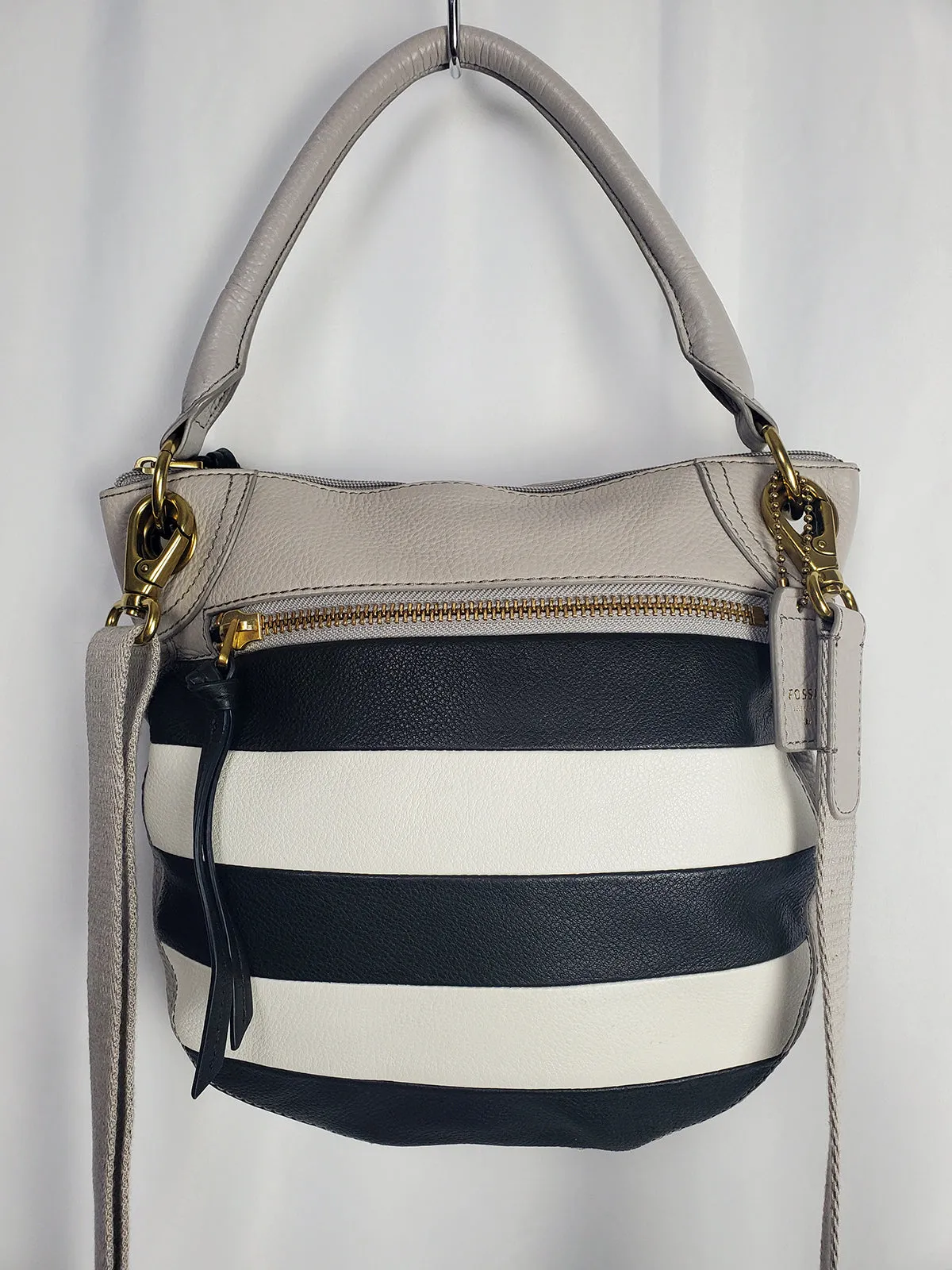 Fossil Gray & Black Leather Striped Cross-Body & Handbag