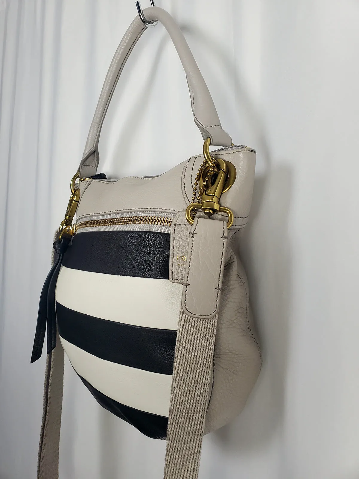 Fossil Gray & Black Leather Striped Cross-Body & Handbag