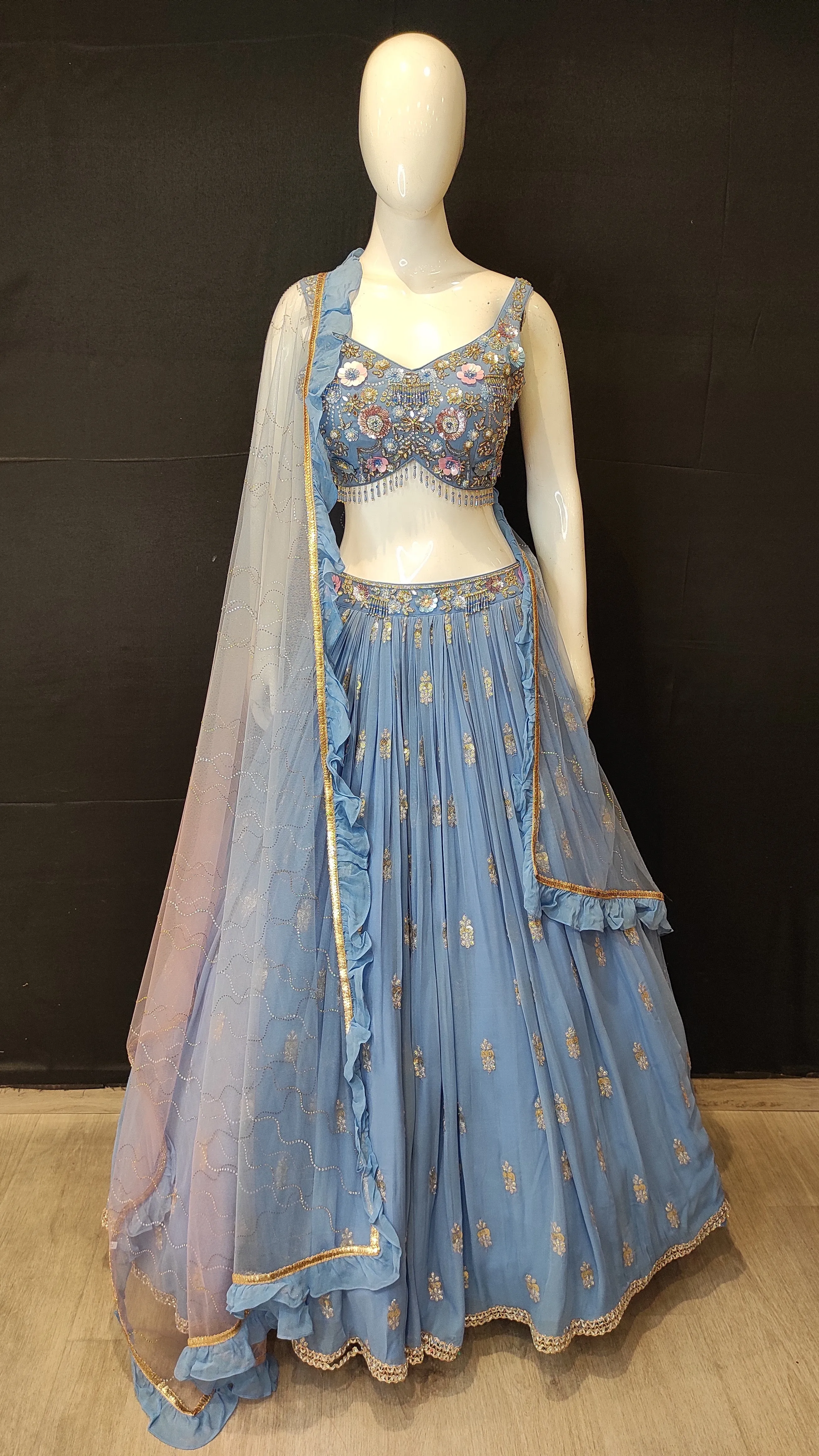 Georgette Lehenga Choli with Zari Work,Swarovski work and Hand Embroidery