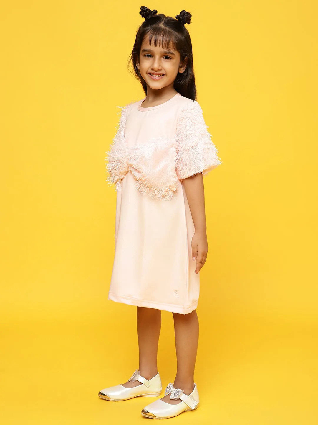 Girls Peach Polyester Regular Fit Fur Dress