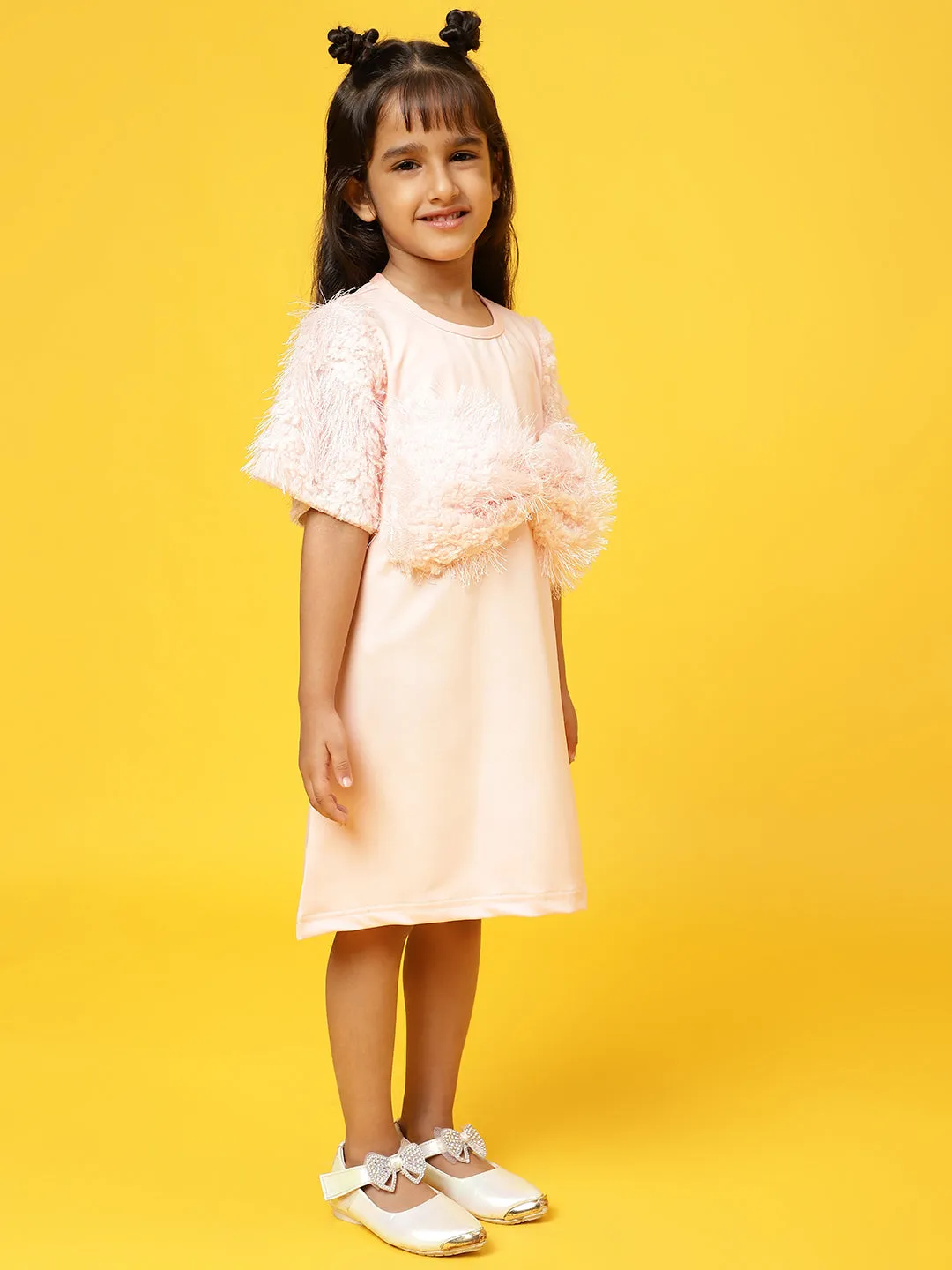 Girls Peach Polyester Regular Fit Fur Dress