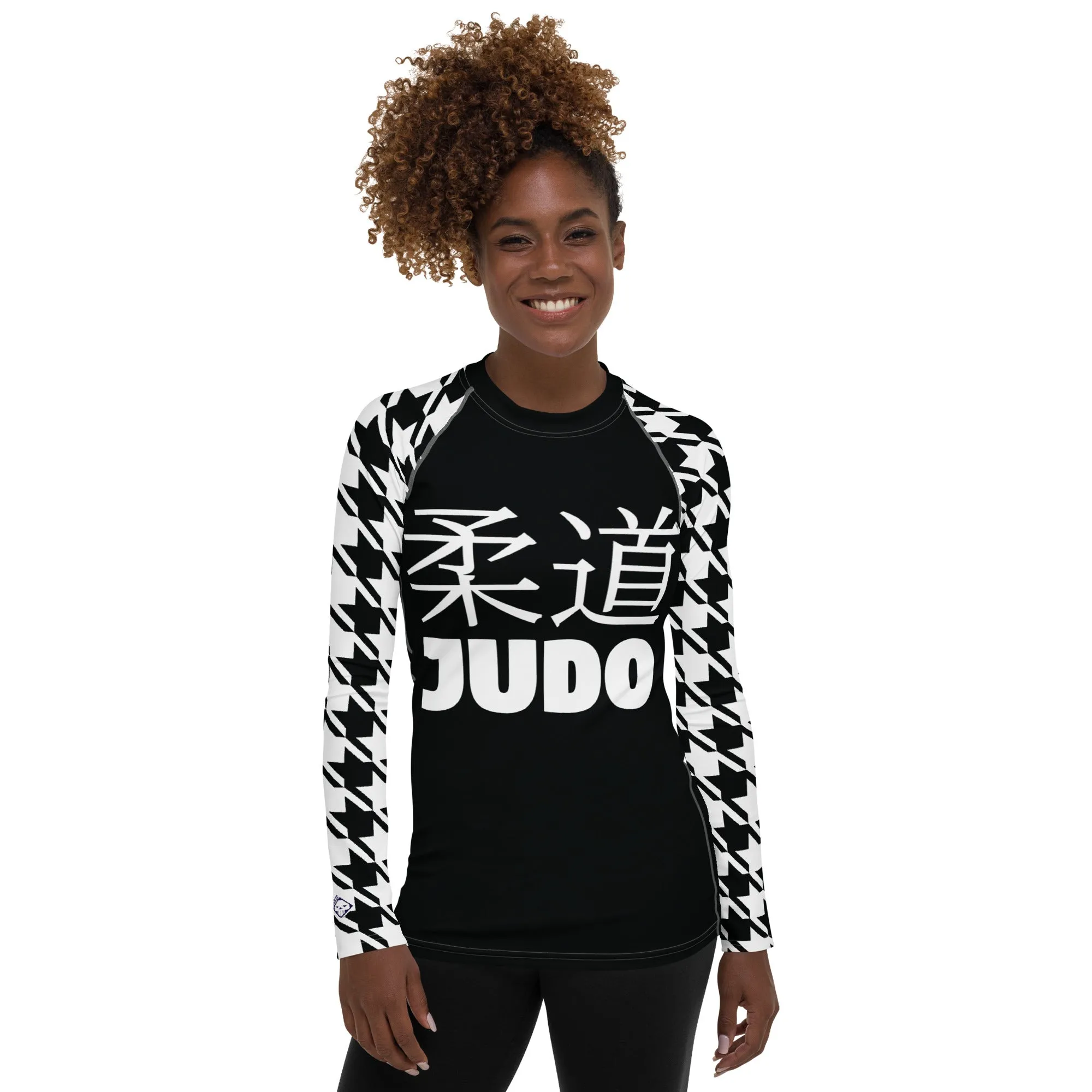 Graceful Strength: Women's Classic Judo Houndstooth BJJ Rash Guard Noir