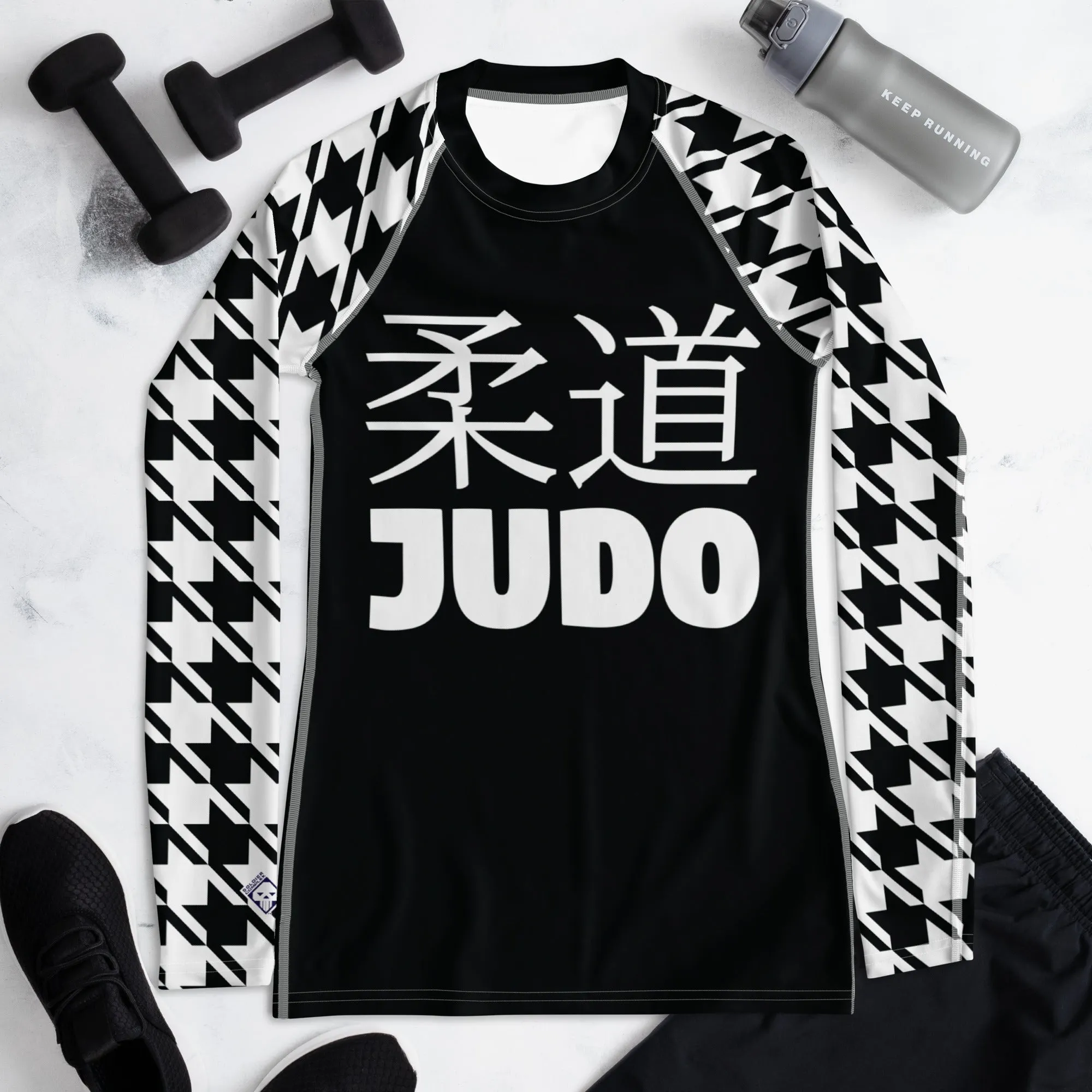 Graceful Strength: Women's Classic Judo Houndstooth BJJ Rash Guard Noir