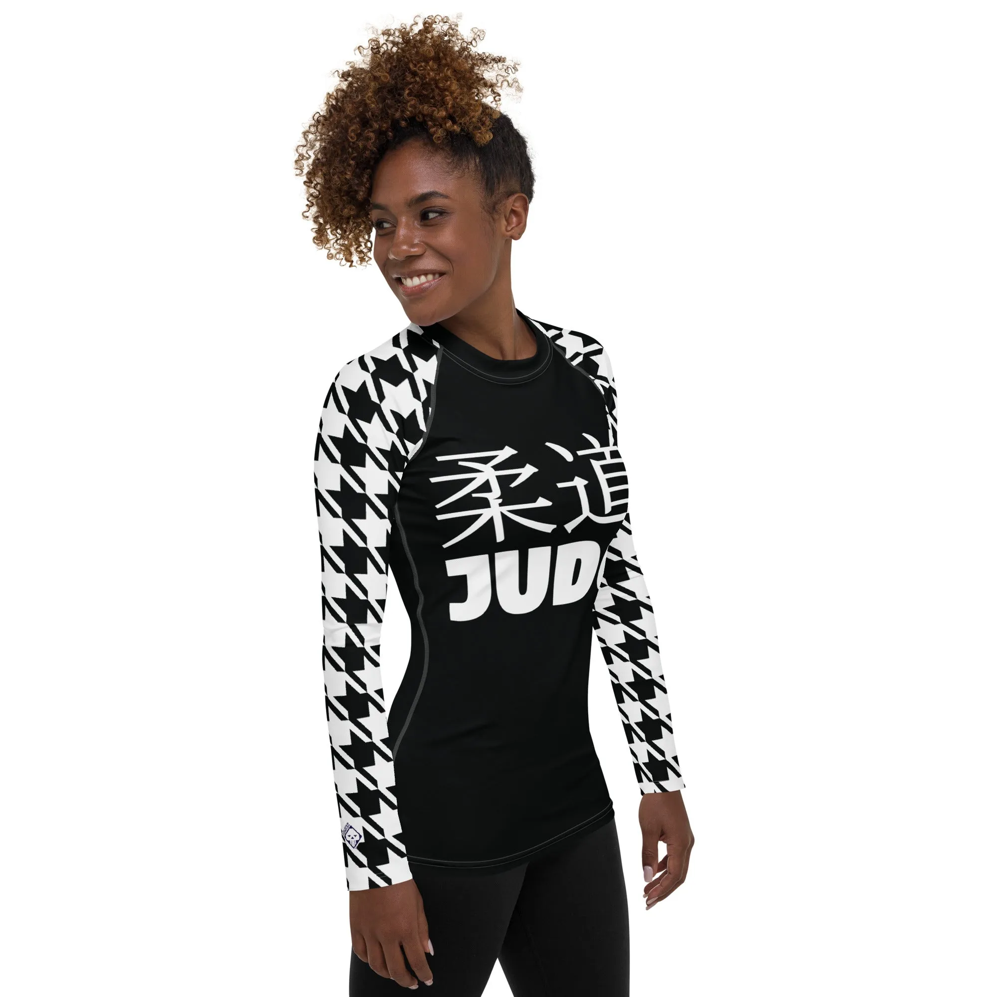 Graceful Strength: Women's Classic Judo Houndstooth BJJ Rash Guard Noir