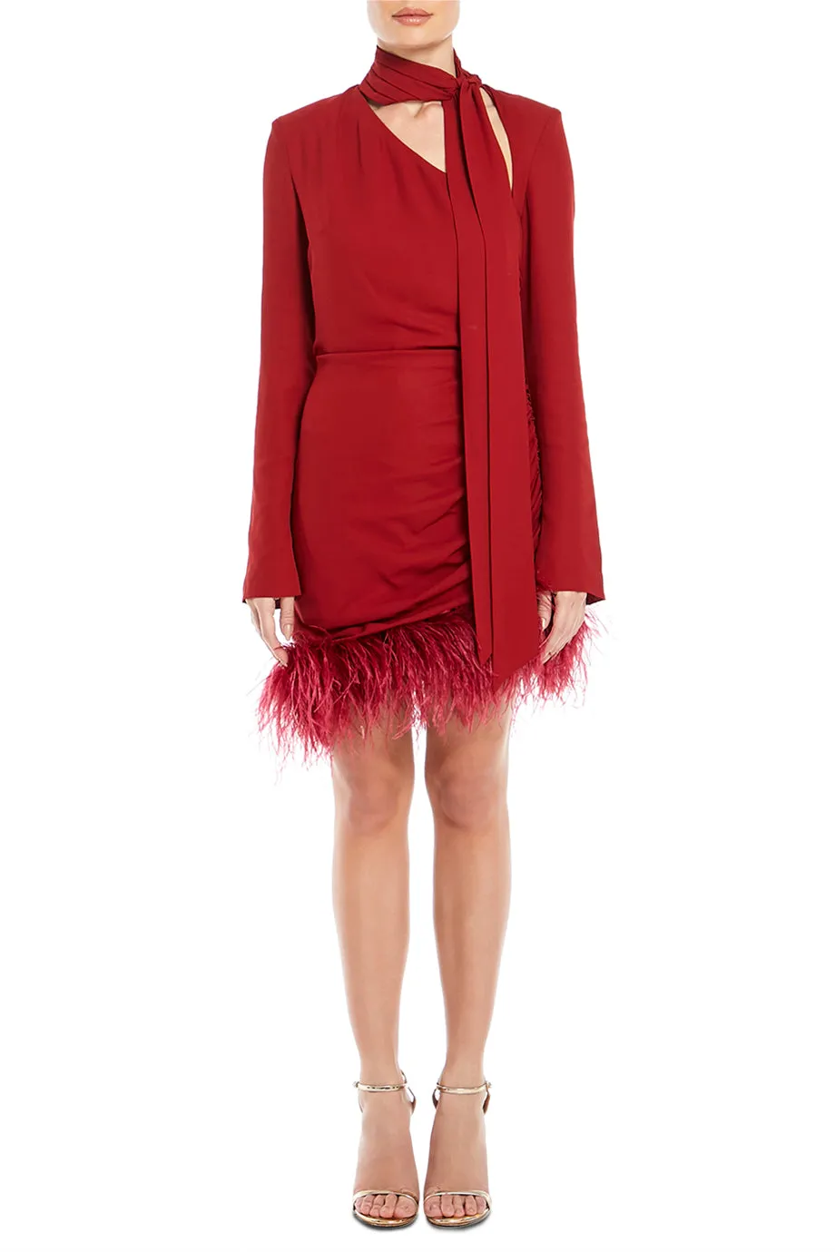 High Neck Mini Dress With Feather Hem