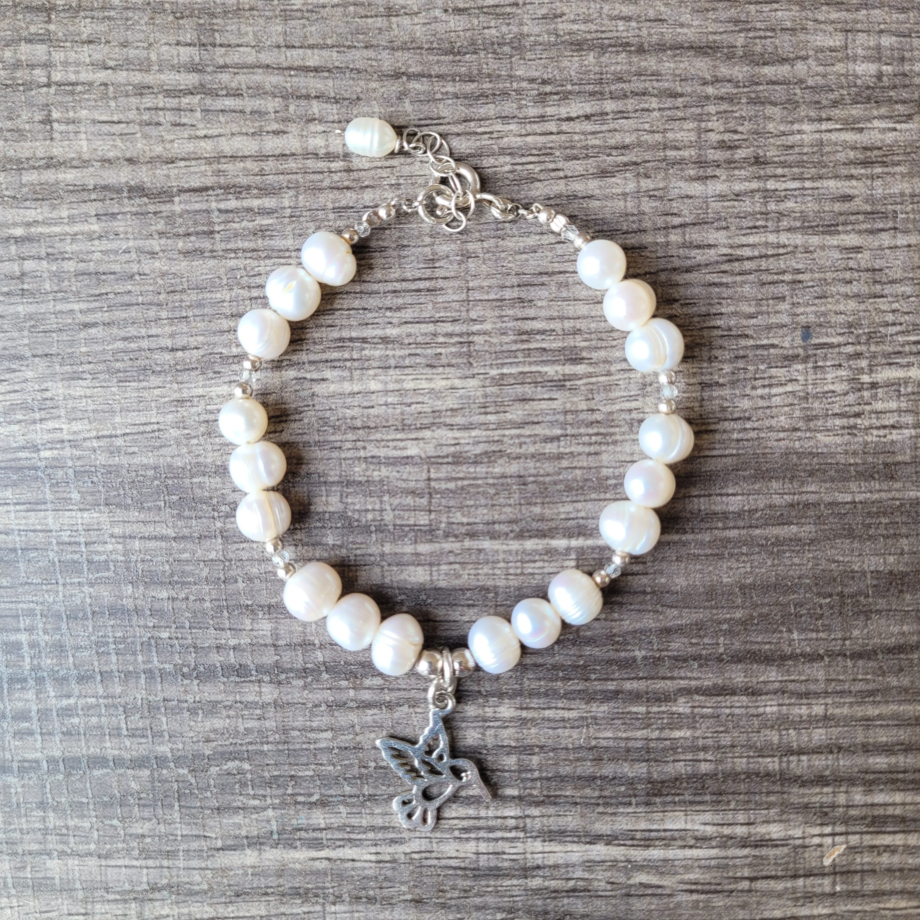 Hummingbird & pearls 925 silver bracelet