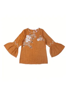 Ishin Girls Cotton Polyester Orange Embroidered Top