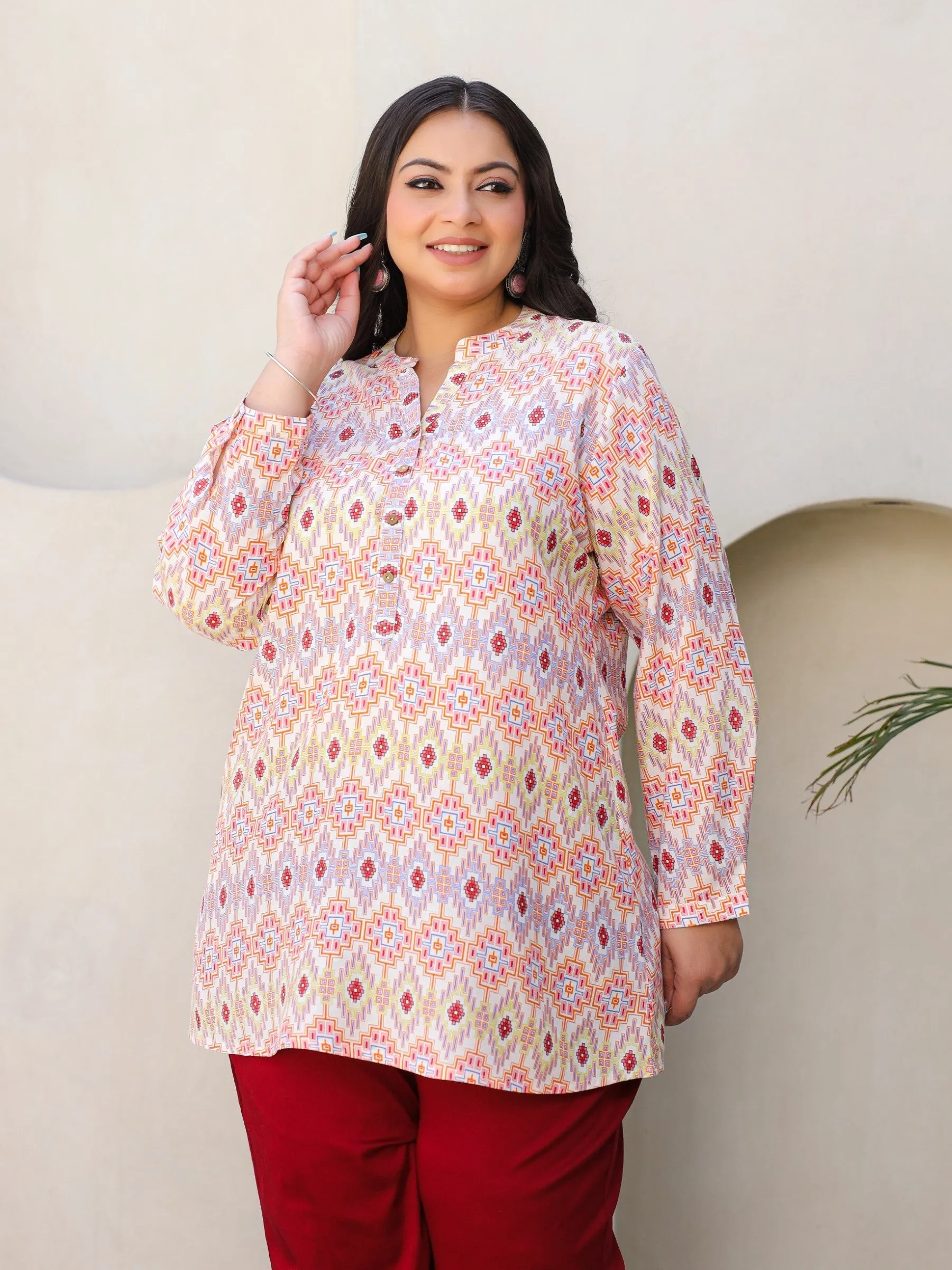 Juniper Ivory Geometric Printed A-Line Rayon Plus Size Tunic