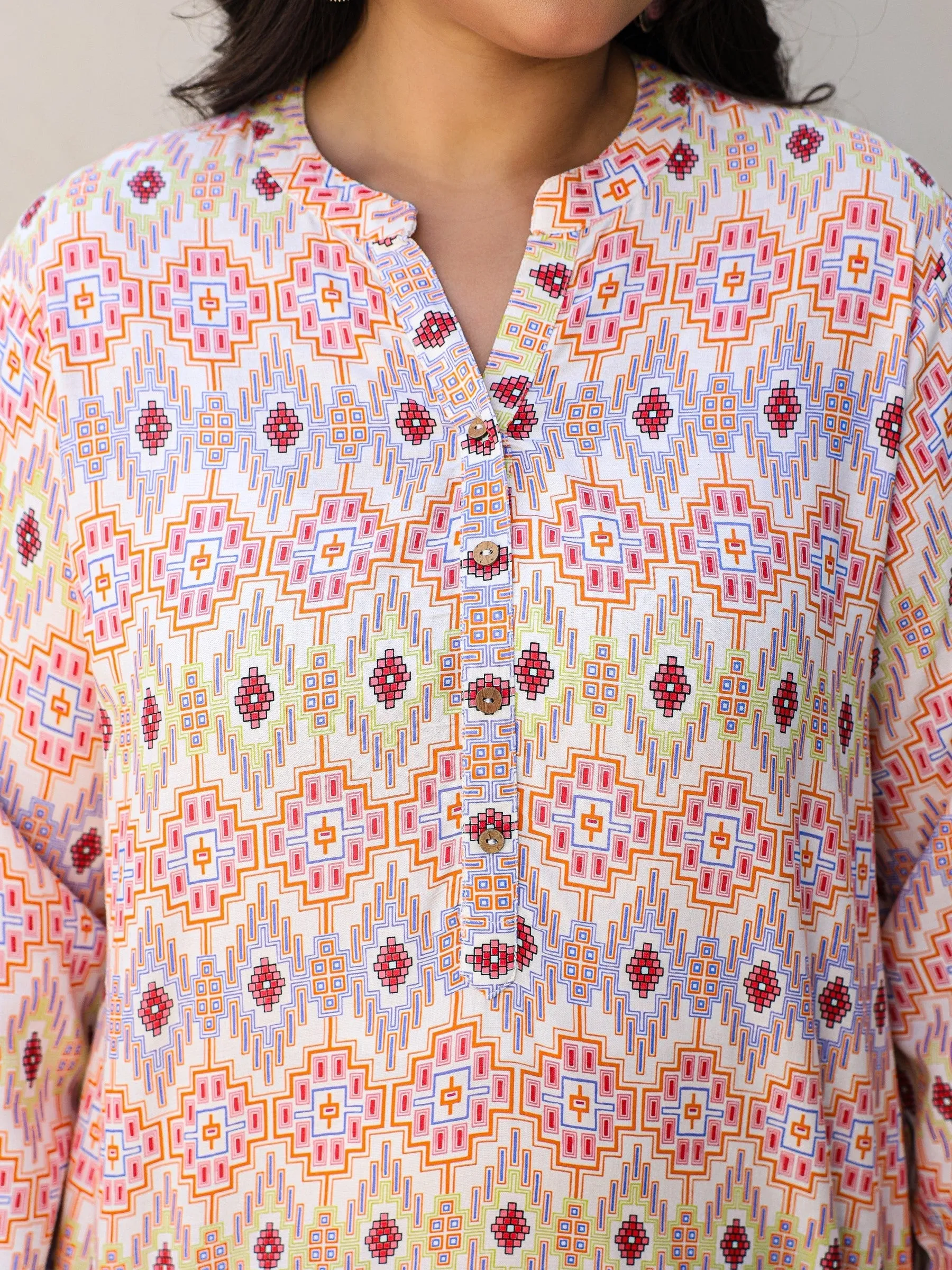 Juniper Ivory Geometric Printed A-Line Rayon Plus Size Tunic