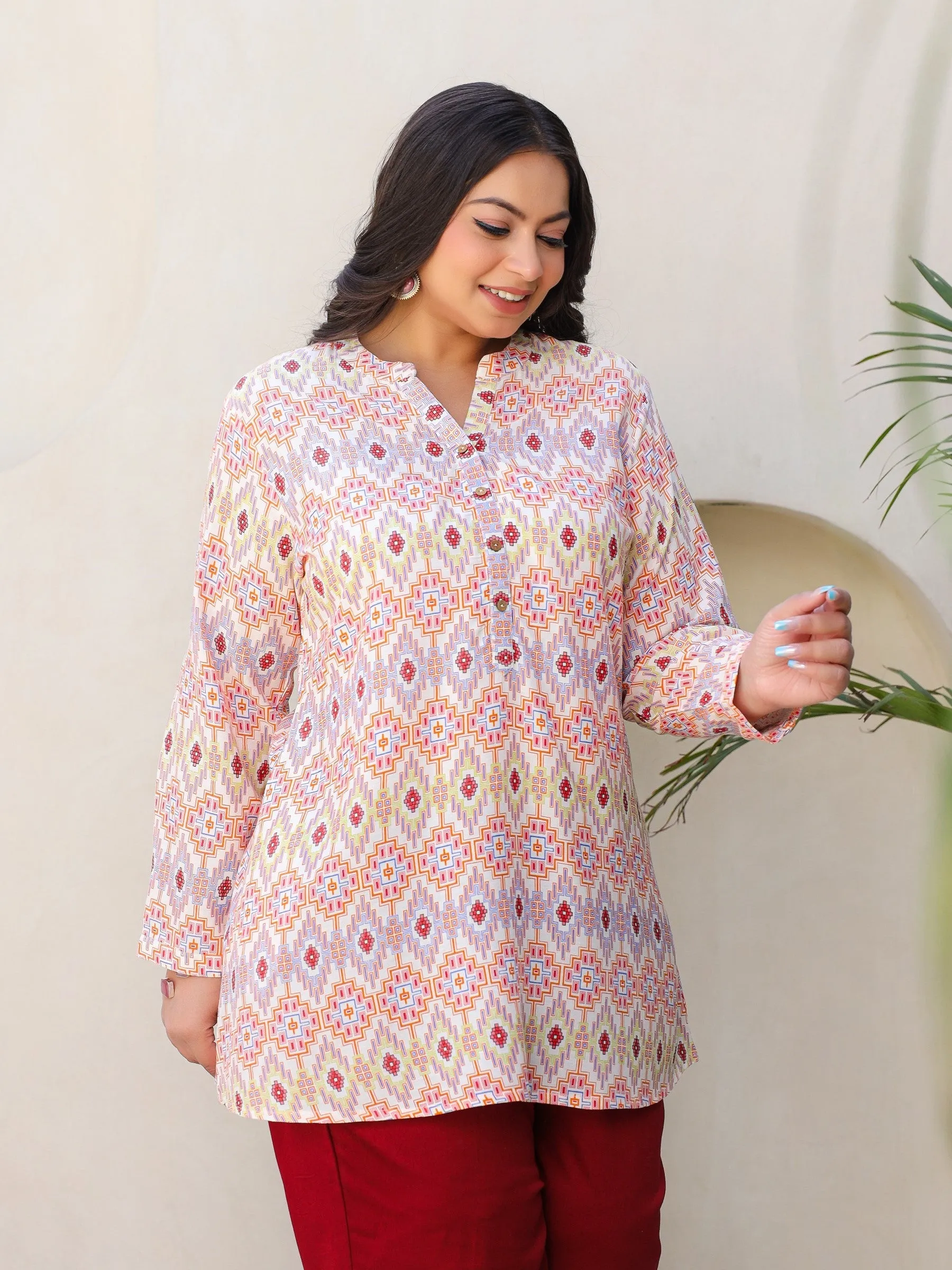 Juniper Ivory Geometric Printed A-Line Rayon Plus Size Tunic