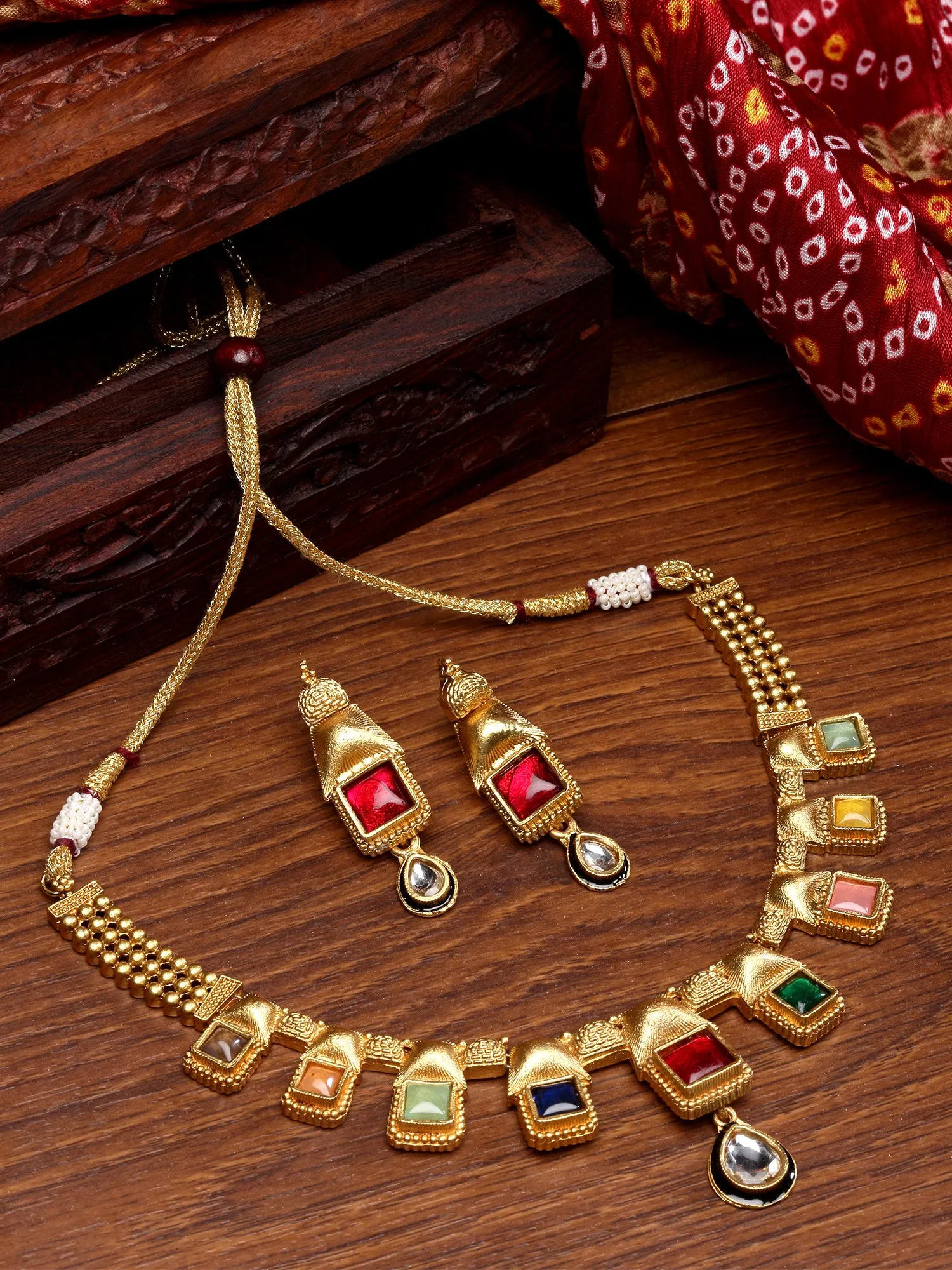 Karatcart Antique Gold Plated Multicolor Stones Studded Design Necklace Set