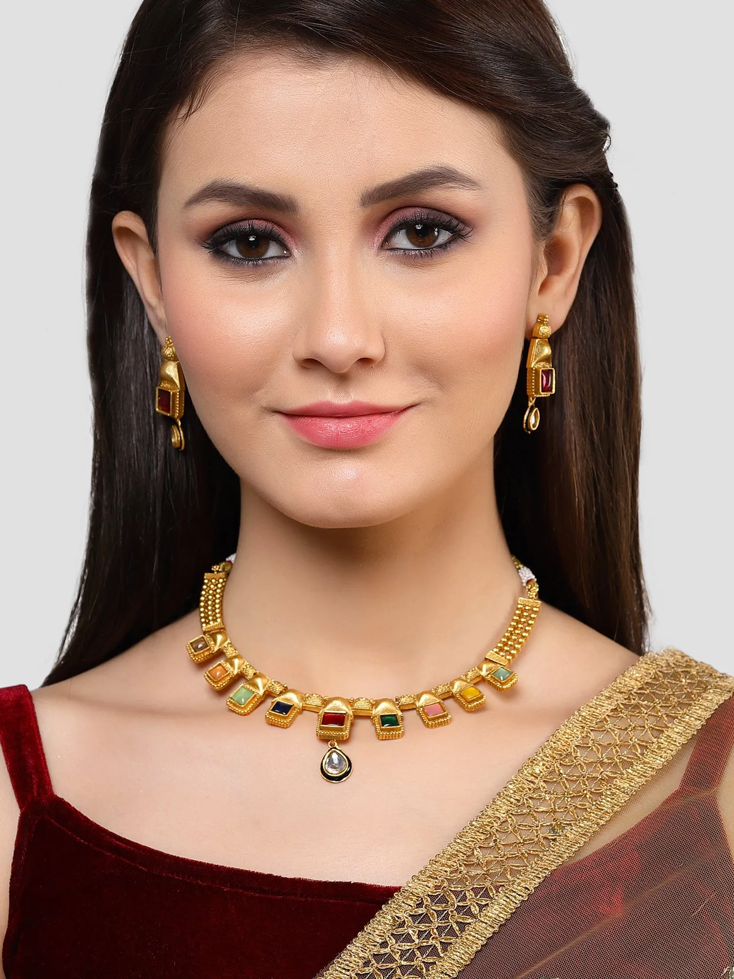 Karatcart Antique Gold Plated Multicolor Stones Studded Design Necklace Set