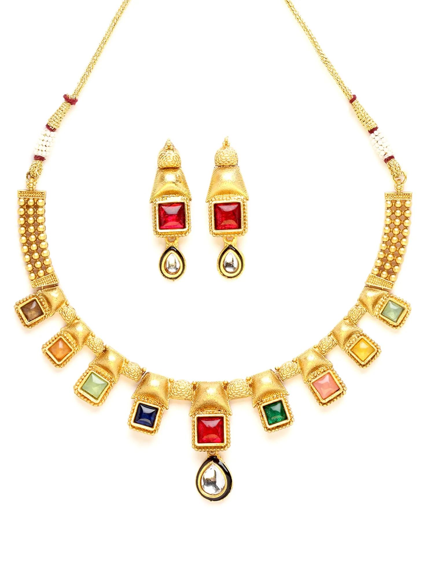 Karatcart Antique Gold Plated Multicolor Stones Studded Design Necklace Set