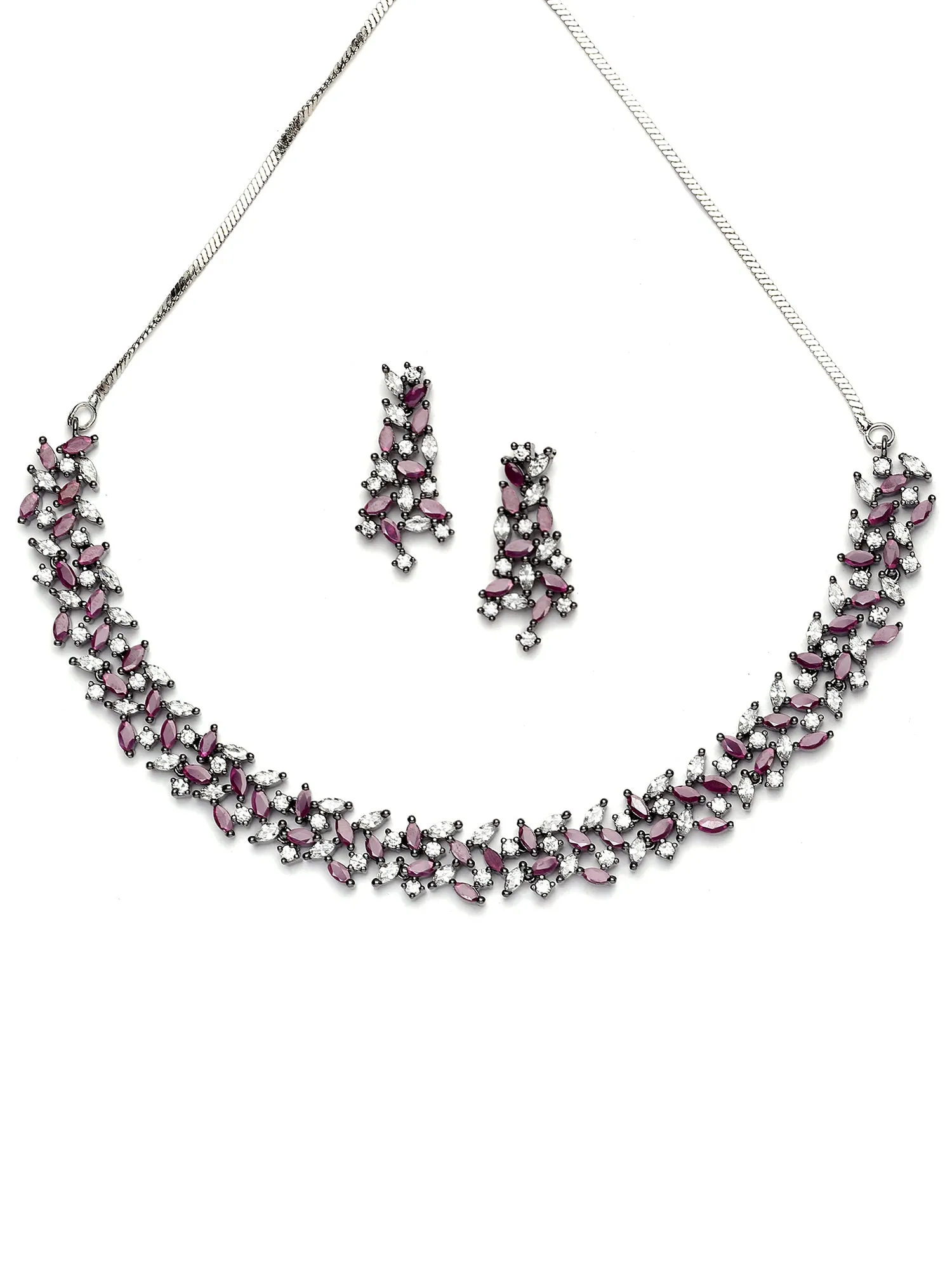 Karatcart Black Silver Plated Purple and White Cubic Zirconia Studded Necklace Set