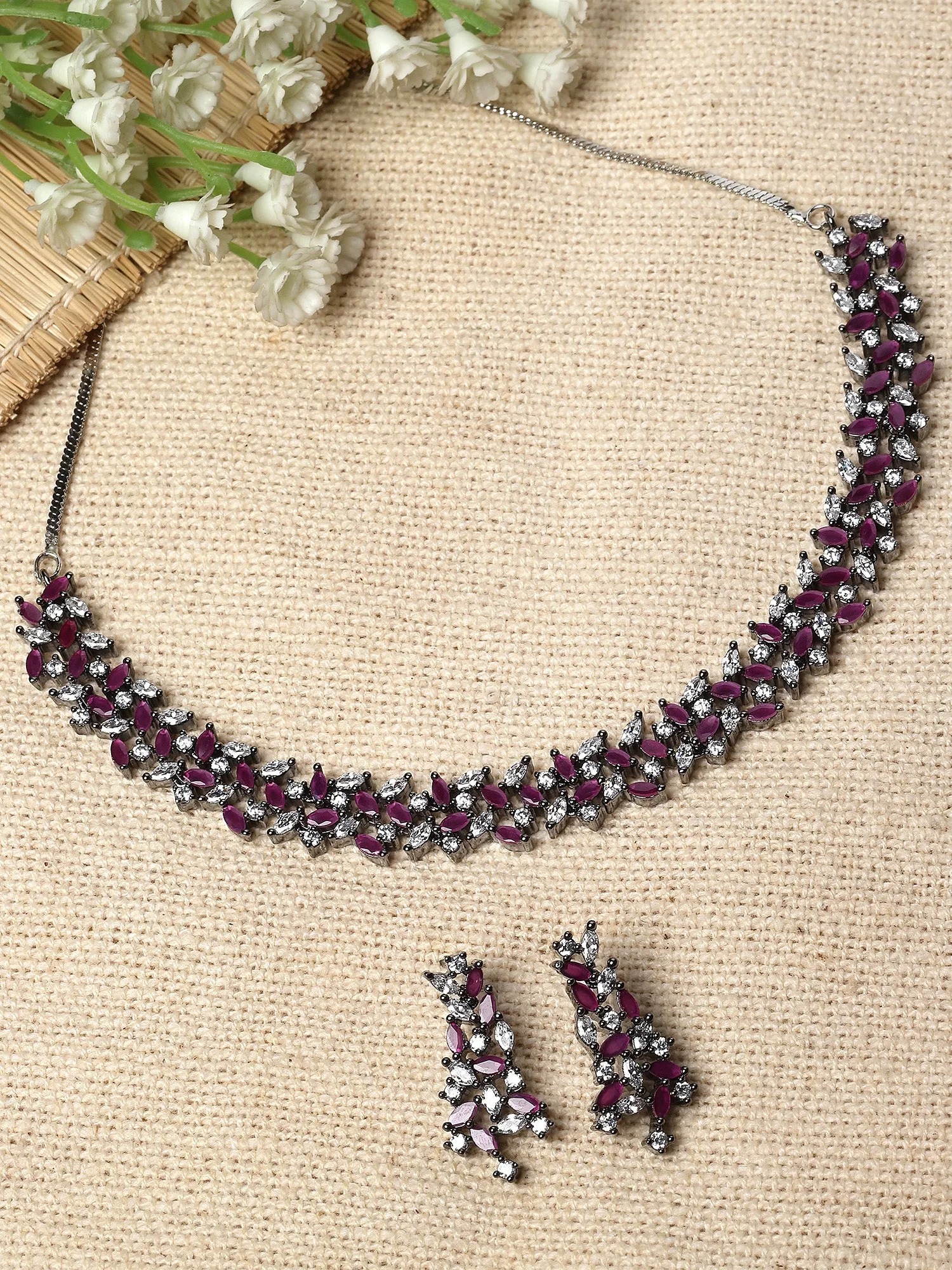 Karatcart Black Silver Plated Purple and White Cubic Zirconia Studded Necklace Set