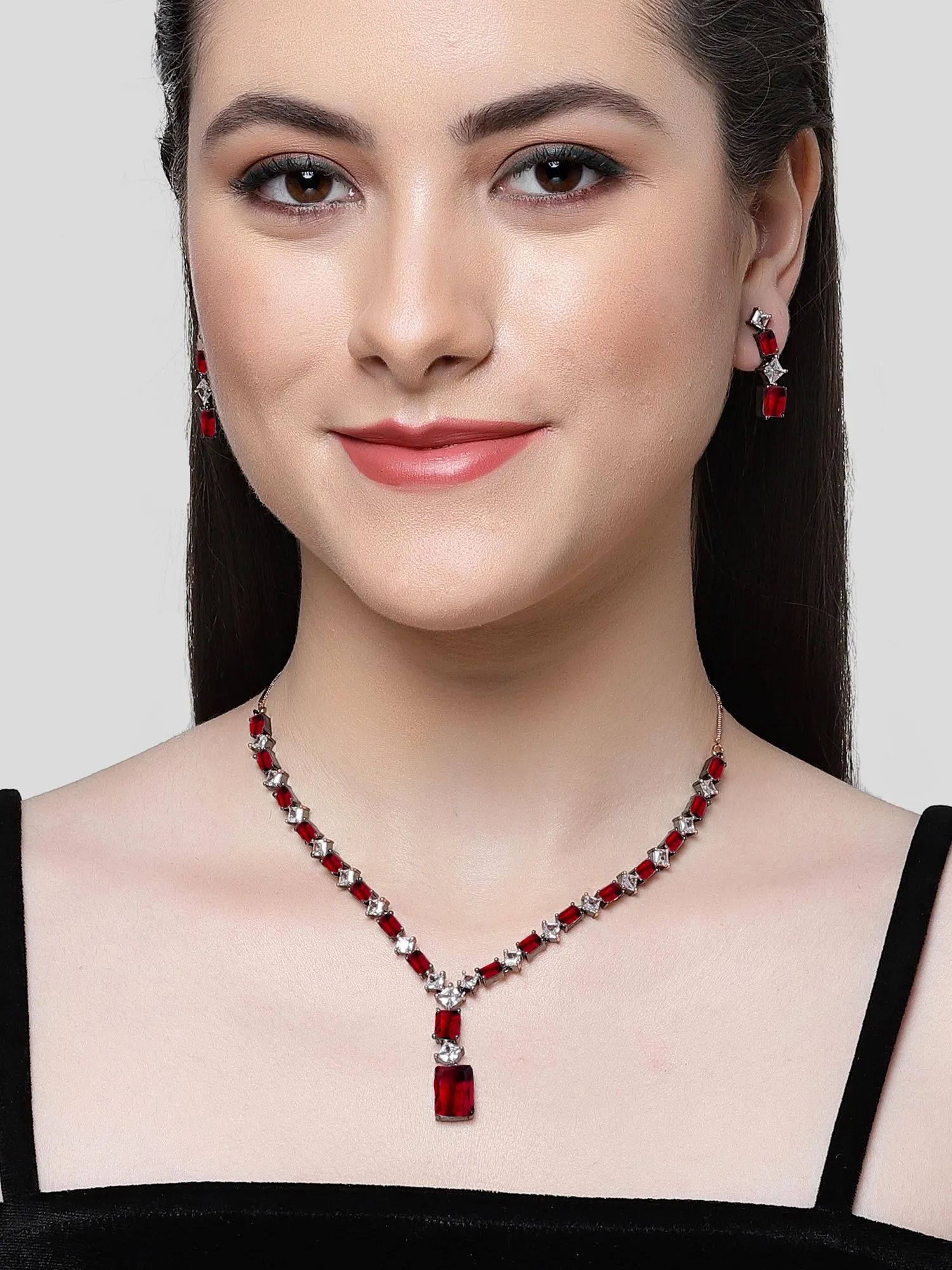 Karatcart Black Silver Plated Square Red Cubic Zirconia Necklace Set for Women