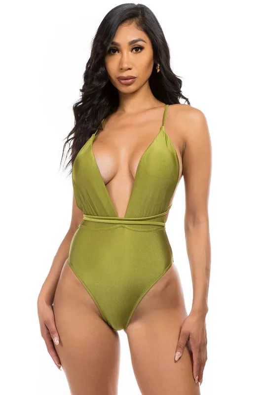 Low V-Neck One Piece Swimsuit