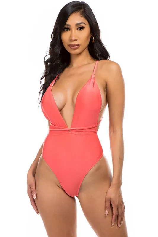 Low V-Neck One Piece Swimsuit