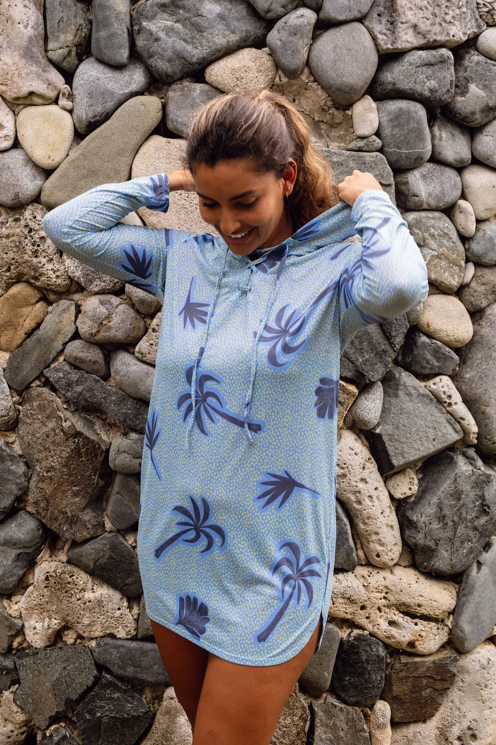 Maricel UPF50 Hooded Dress - Blue Palm Print