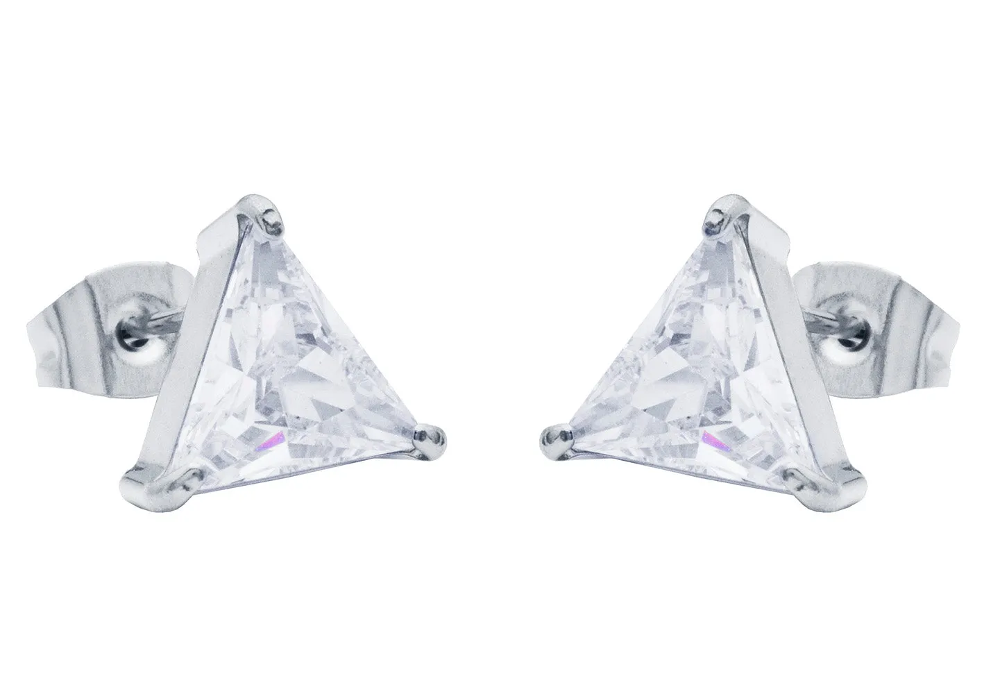 Mens 10mm Cubic Zirconia Stainless Steel Triangle Stud Earrings