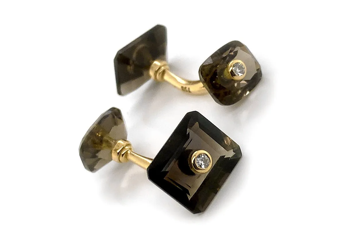 Men's 18kt Gold Rectangular Smoky Topaz & Round Diamonds Cufflinks