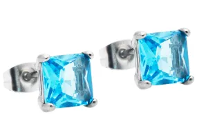 Mens 7mm Blue Cubic Zirconia Stainless Steel Square Stud Earrings