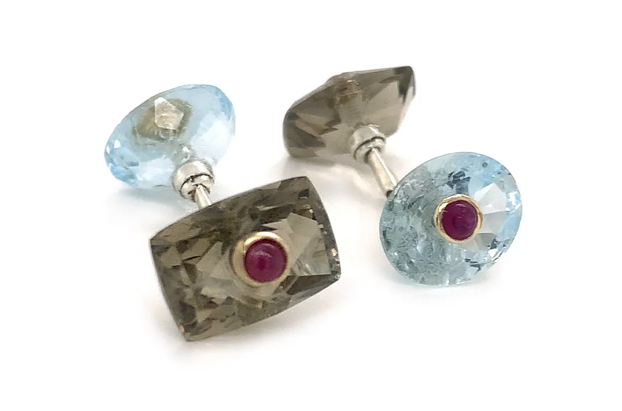 Men's Silver Base Smoky Quartz & Blue Topaz Cufflinks