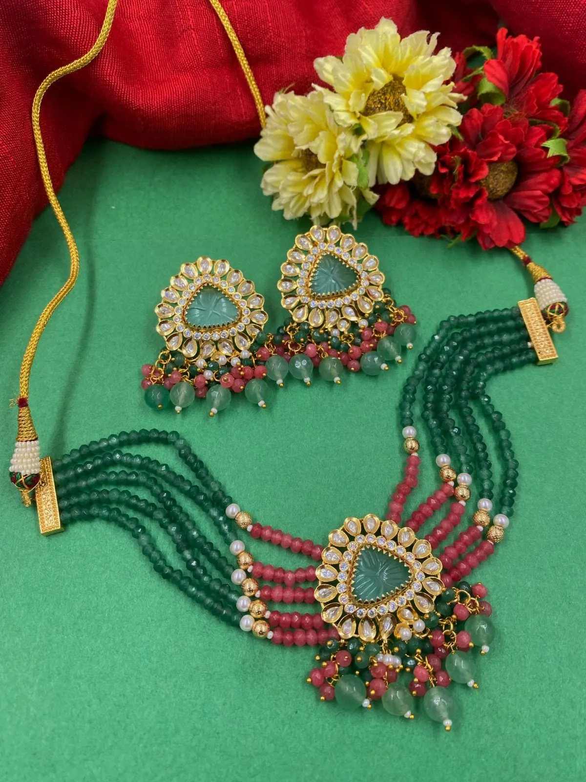 Modern Handcrafted Golden Kundan And Beads Choker Necklace Set For Women By Gehna Shop