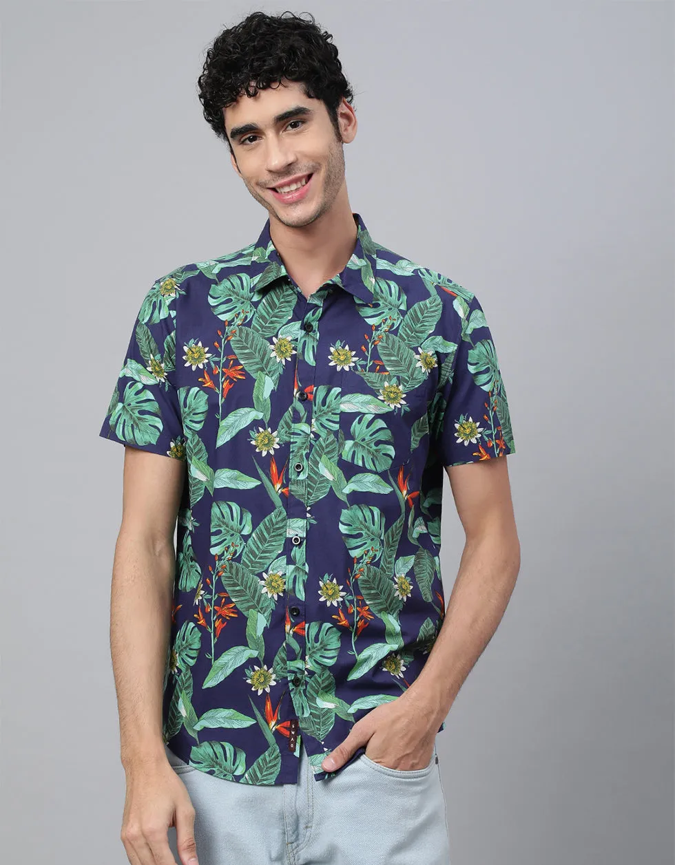 Navy Floral Printed Casual Shirt