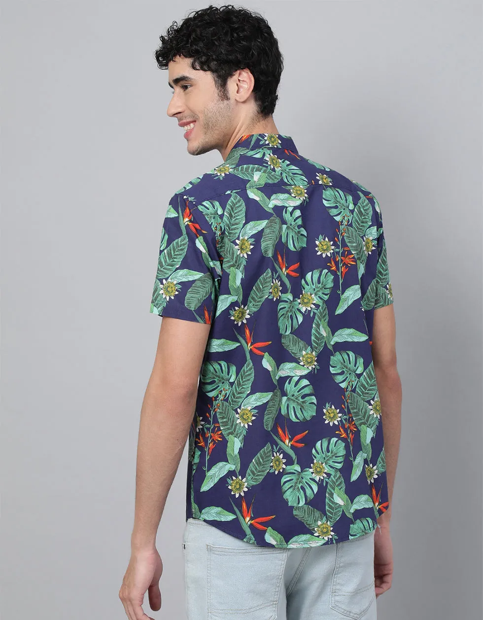 Navy Floral Printed Casual Shirt