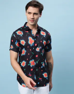 Navy Floral Printed Casual Shirt