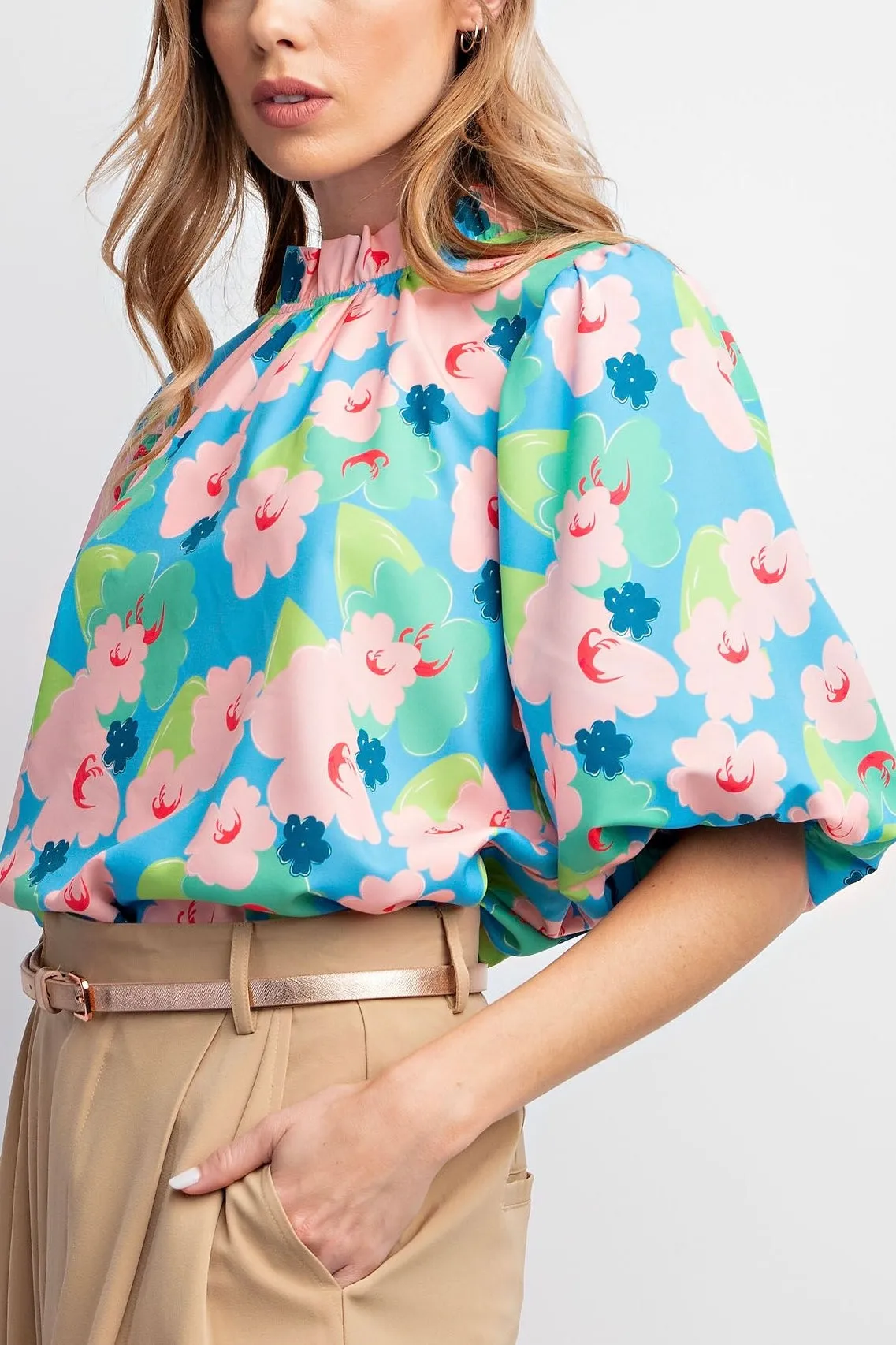 Puff Sleeve Floral Print Top- Pink & Sky Blue