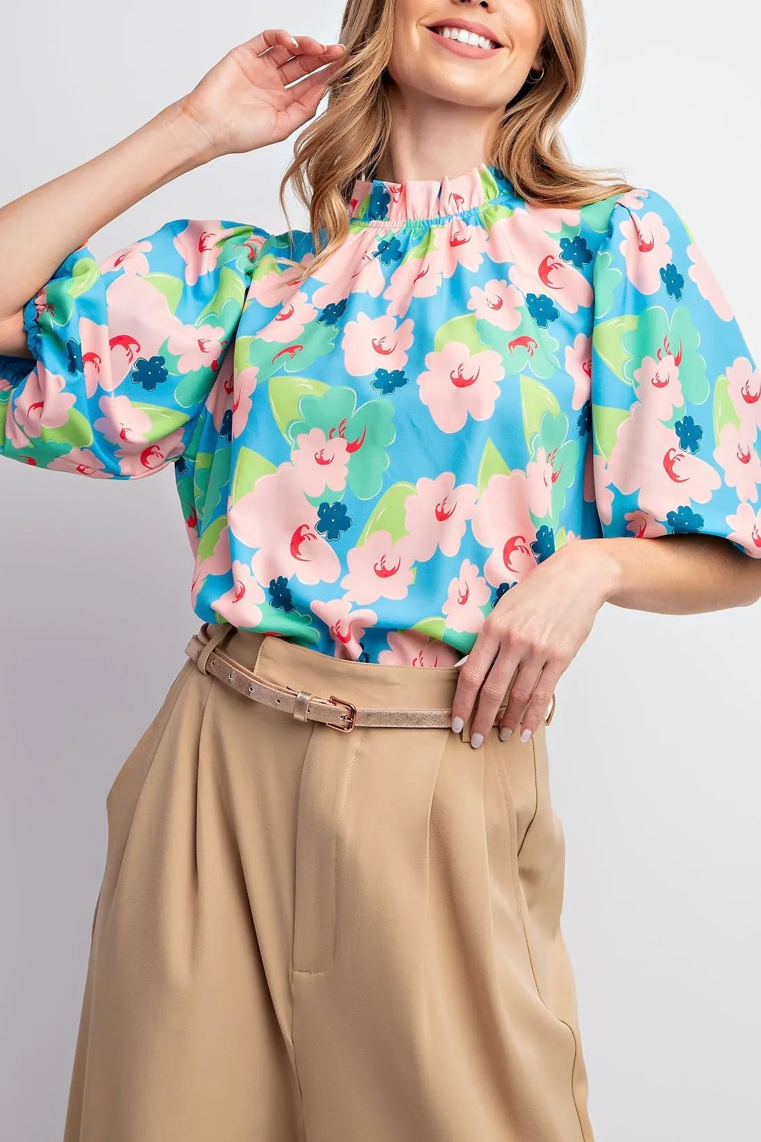 Puff Sleeve Floral Print Top- Pink & Sky Blue