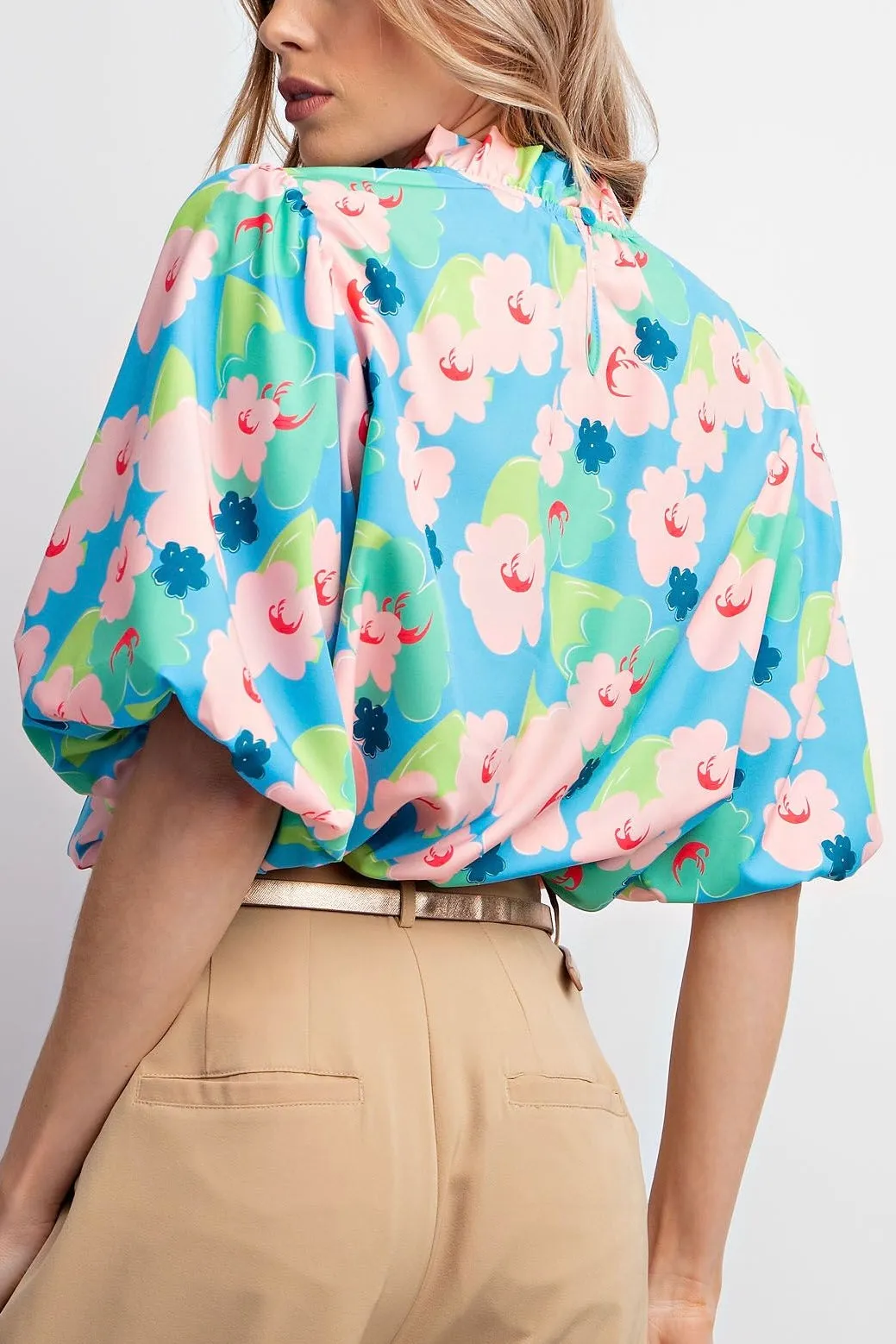 Puff Sleeve Floral Print Top- Pink & Sky Blue