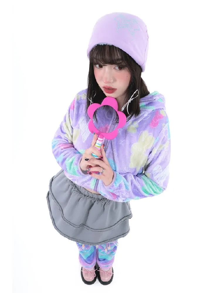 Purple Short Plush Printed Jacket【s0000005711】