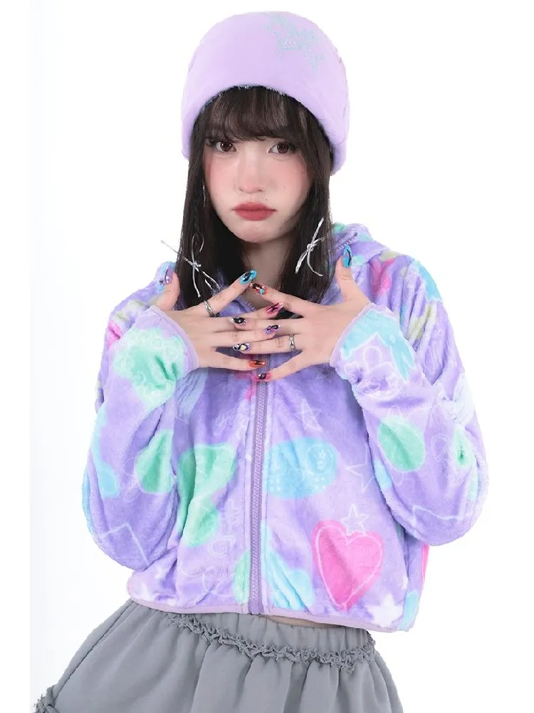 Purple Short Plush Printed Jacket【s0000005711】