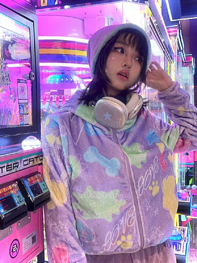 Purple Short Plush Printed Jacket【s0000005711】